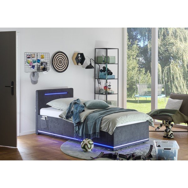 Pat pentru copii  gri închis tapițat cu spațiu de depozitare cu somieră 90x200 cm Circle – Meise Möbel-image-1