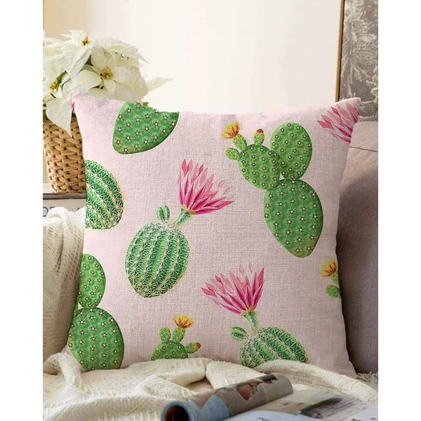 Față de pernă din amestec de bumbac Minimalist Cushion Covers Cactus, 55 x 55 cm, roz-verde