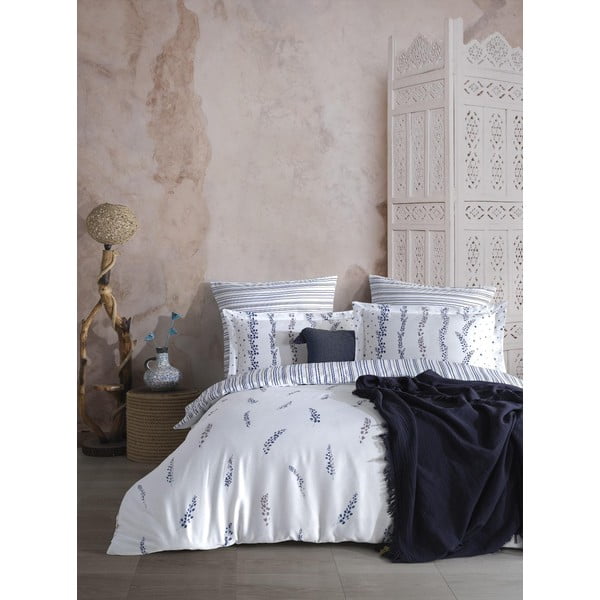 Lenjerie de pat albă-albastră din bumbac satinat pentru pat dublu, extinsă 240x220 cm Marseille Floral – Mila Home Luxury