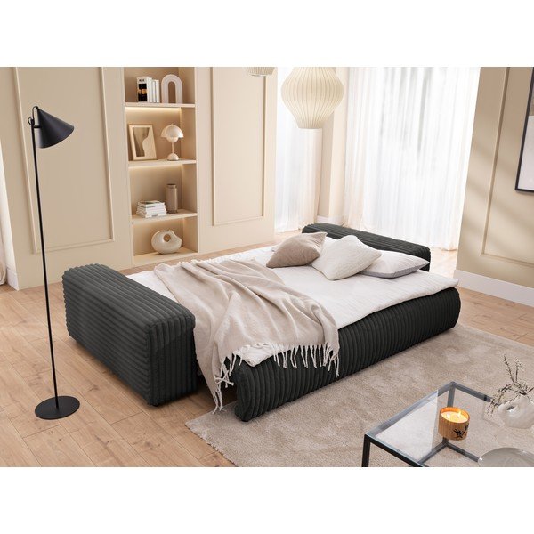 Canapea gri închis extensibilă/cu spațiu de depozitare cu tapițerie din catifea reiată  260 cm Justin  – Ropez-image-4