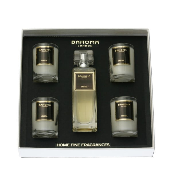 Set 4 lumânări parfumate și spray de interior Bahoma London, aromă de vanilie și mandarine