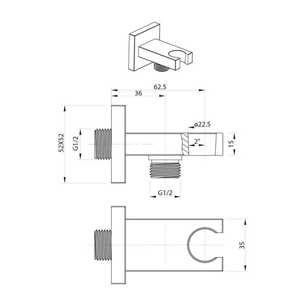 Componentă de conectare pentru duș argintiu-lucios din alamă – Sapho-image-1