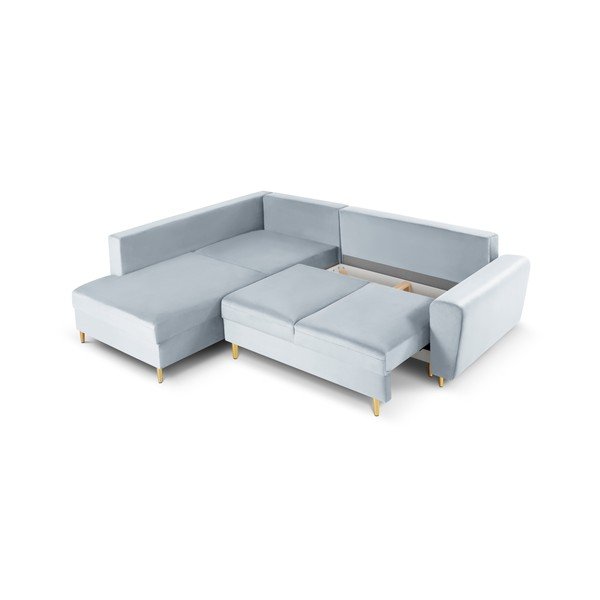 Colțar albastru deschis extensibil, cu spațiu de depozitare cu tapițerie din catifea (cu colț pe partea stângă, în formă de ”L”) Kyoto – Cosmopolitan Design-image-3