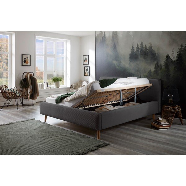 Pat matrimonial gri închis tapițat cu spațiu de depozitare cu somieră 180x200 cm Mattis Cord – Meise Möbel-image-1