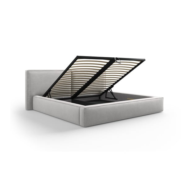 Pat matrimonial gri deschis tapițat cu spațiu de depozitare și somieră  160x200 cm Arendal – Cosmopolitan Design-image-3