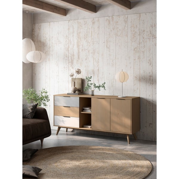 Comodă natural/gri/alb din lemn de pin 165x81 cm Elfa – Marckeric-image-1