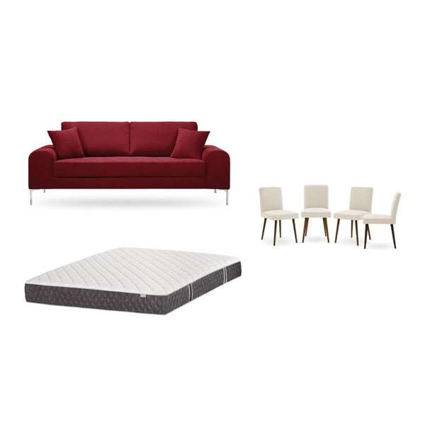 Set canapea roșie cu 3 locuri, 4 scaune crem, o saltea 160 x 200 cm Home Essentials
