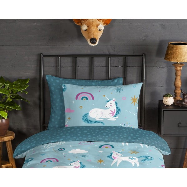 Lenjerie de pat pentru copii albastră din flanelă pentru pat de o persoană, extinsă 140x220 cm Snowycorn – Good Morning-image-2