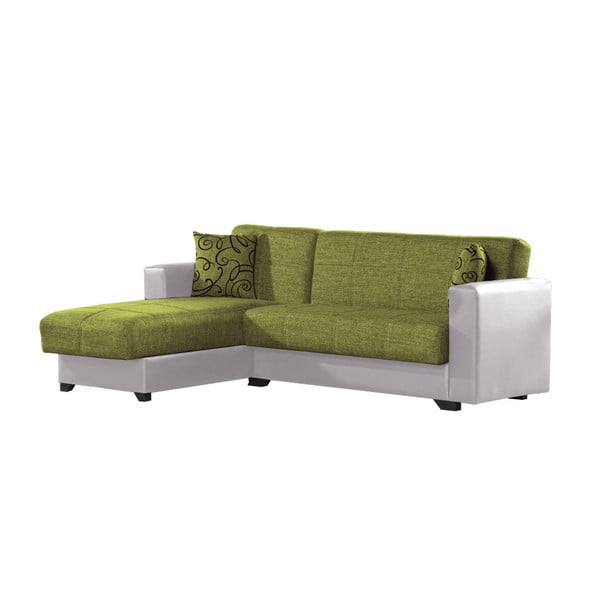 Canapea colț extensibilă cu spaţiu de depozitare, Esidra Chaise Longue, verde - crem