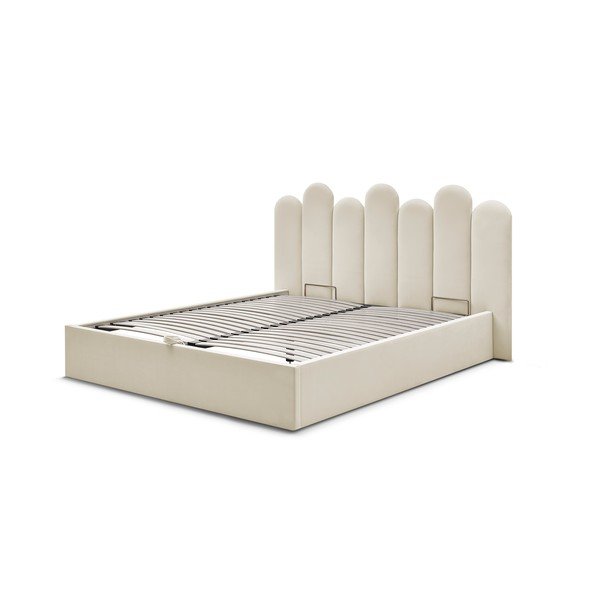 Pat matrimonial bej tapițat cu spațiu de depozitare cu somieră 160x200 cm Badja – Bobochic Paris