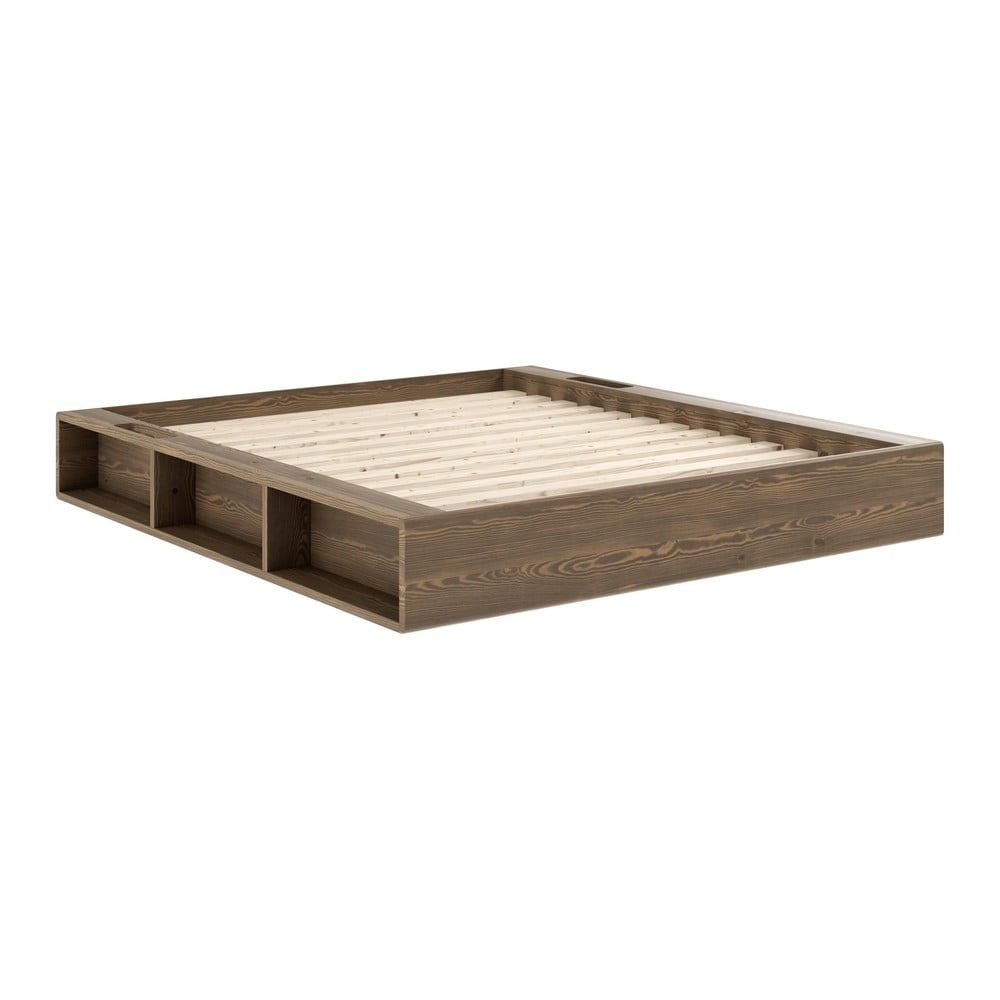 Pat matrimonial maro din lemn masiv de pin cu somieră 140x200 cm Ziggy – Karup Design