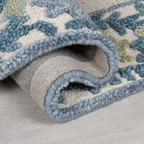 Covor albastru-fildeș țesut manual din amestesc de lână 160x230 cm Myla Floral Frame – Flair Rugs-image-3