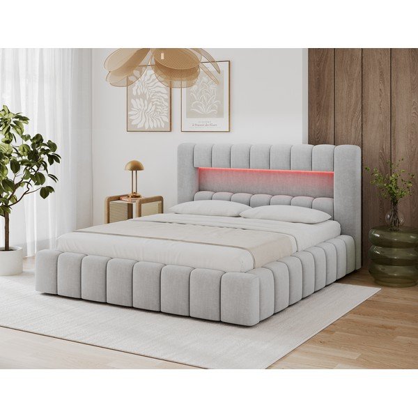 Pat matrimonial gri deschis tapițat cu spațiu de depozitare cu somieră 140x200 cm Lamica – ELTAP-image-1