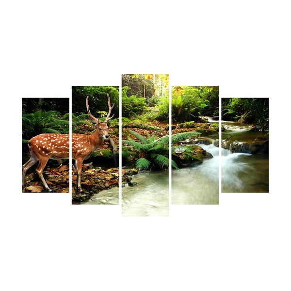 Tablou din mai multe piese pe pânză Forest River with Deer