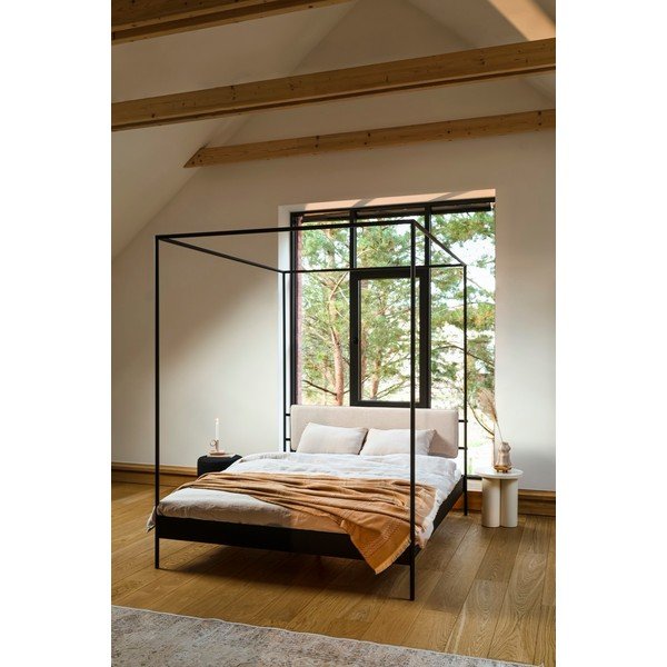 Pat matrimonial negru/bej tapițat din oțel cu baldachin cu somieră 180x200 cm Eton – noo.ma-image-1