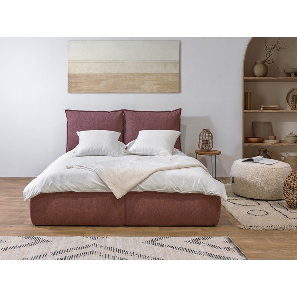Pat matrimonial roz tapițat cu spațiu de depozitare cu somieră 160x200 cm Garance – Bobochic Paris-image-1
