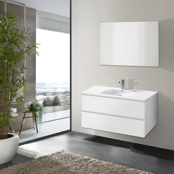 Dulăpior baie cu lavoar și oglindă Flopy, nuanță de alb, 90 cm