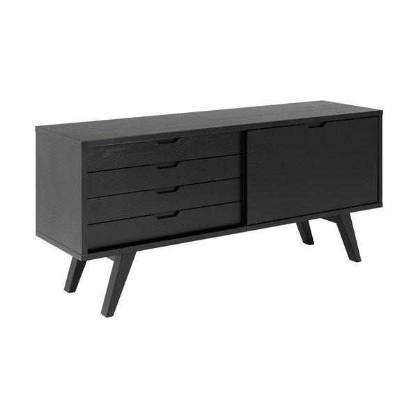 Comodă neagră joasă cu aspect de lemn de stejar cu ușă glisantă 160x72 cm A-Line – Actona-image-2