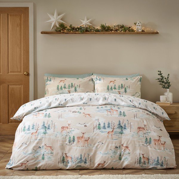 Lenjerie de pat în culoare naturală din flanelă pentru pat de o persoană 135x200 cm Brushed Christmas Deer – Catherine Lansfield-image-2