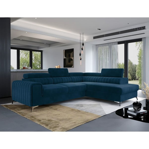 Colțar albastru extensibil/cu spațiu de depozitare cu tapițerie din catifea (cu colț pe partea dreaptă/în formă de ”L”) Laurence – ELTAP-image-4