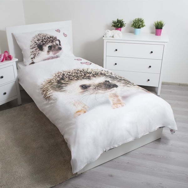 Lenjerie de pat pentru copii albă-maro din bumbac pentru pat de o persoană 140x200 cm Hedgehog – Jerry Fabrics-image-1