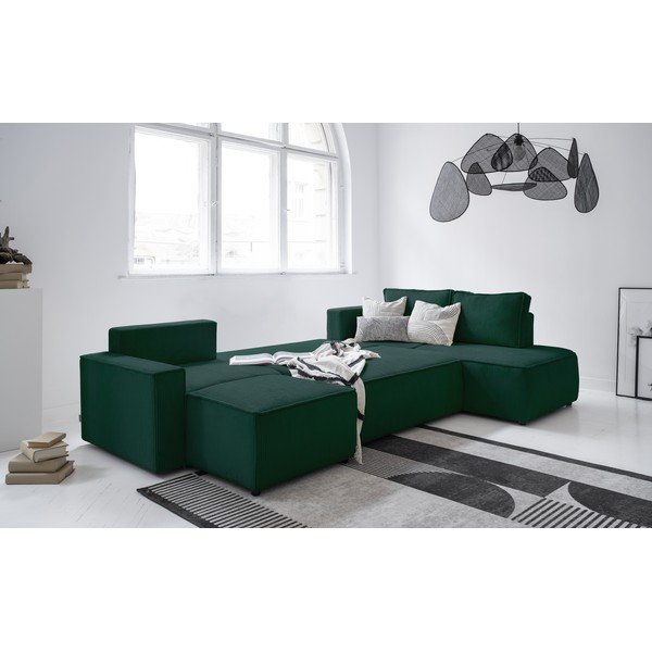 Colțar verde închis extensibil cu tapițerie din catifea reiată  (cu colț pe partea dreaptă/în formă de "U") Brave Dave – Miuform-image-3