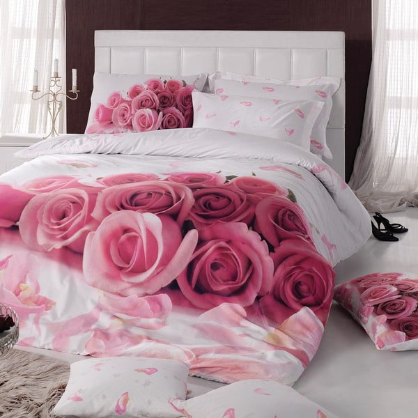 Lenjerie de pat cu cearșaf din bumbac pentru pat dublu Darling, 200 x 220 cm, roz