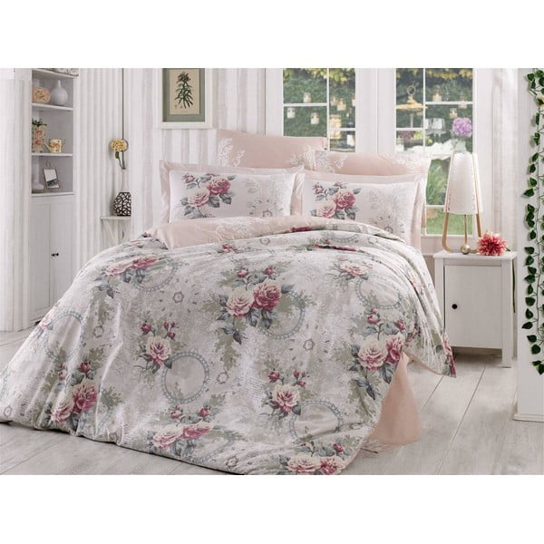 Lenjerie de pat și cearșaf din bumbac poplin pentru pat dublu Clementina Dusty Rose, 200 x 220 cm