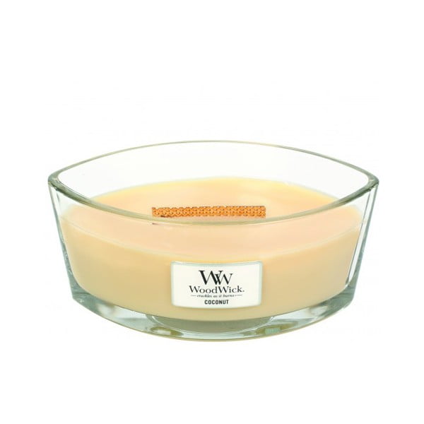 Lumânare parfumată WoodWick, aromă de vanilie și cocos, 80 ore