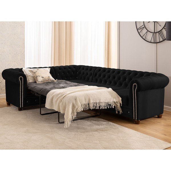 Colțar negru extensibil cu tapițerie din catifea (cu colț pe partea stângă/în formă de ”L”) York Blik – Ropez-image-1