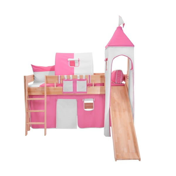 Pătuț cu tobogan pentru copii și set roz-alb din bumbac Mobi furniture Luk, 200 x 90 cm