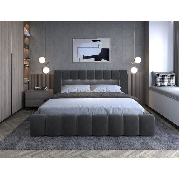 Pat matrimonial gri tapițat cu spațiu de depozitare cu somieră 160x200 cm Lamica – ELTAP-image-2