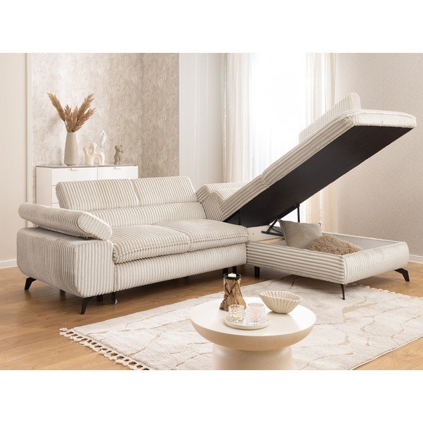 Colțar crem cu tapițerie din catifea reiată  (cu colț pe partea dreaptă/în formă de ”L”) Marbeya  – Ropez-image-4