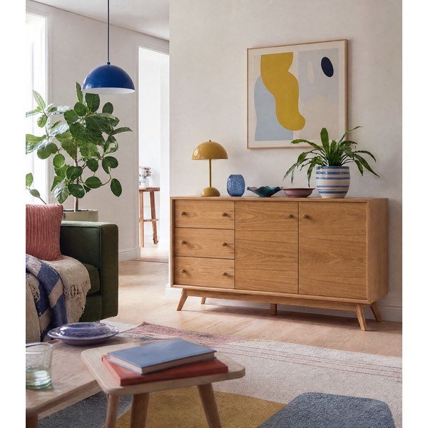 Comodă în culoare naturală joasă cu aspect de lemn de stejar 149x75 cm Kensal – Woodman-image-3