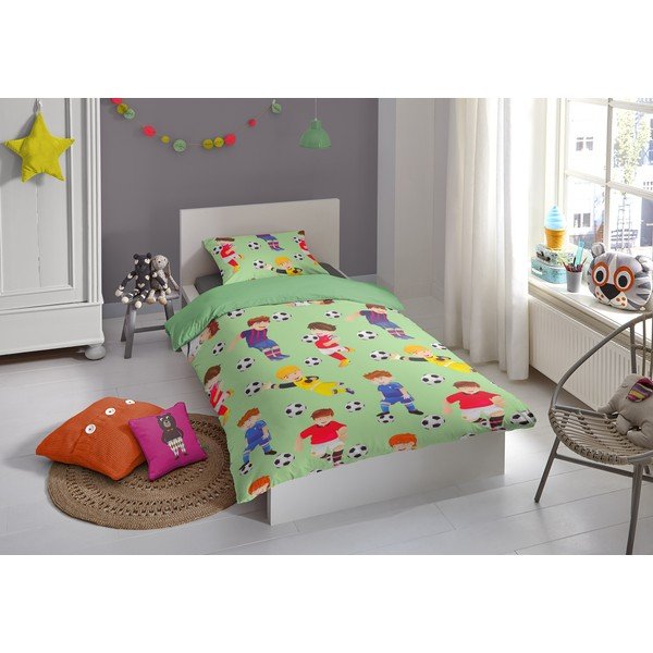 Lenjerie de pat din bumbac pentru copii Good Morning Fotbal, 100 x 135 cm, verde-image-1