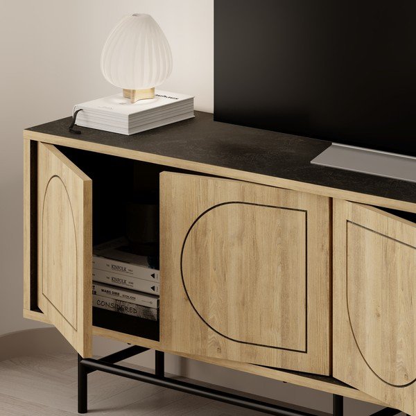 Comodă TV neagră/în culoare naturală cu aspect de lemn de stejar 149,5x56,5 cm Giana – Marckeric-image-4