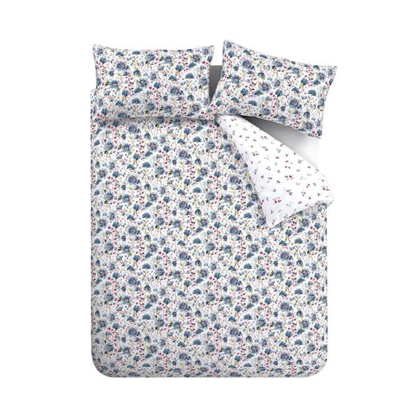 Lenjerie de pat albă/albastră din flanelă pentru pat de o persoană 135x200 cm Ophelia Floral – Bianca-image-2