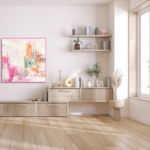 Tablou cu ramă/pe pânză imprimat/cu elemente pictate manual 102x102 cm New Age Pink – Malerifabrikken-image-1