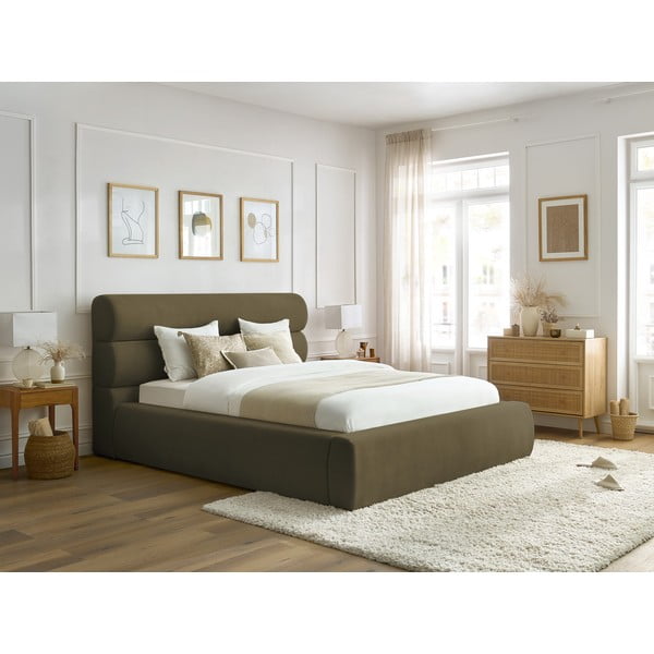 Pat matrimonial verde închis tapițat cu spațiu de depozitare și somieră 180x200 cm Jagna – Bobochic Paris-image-1