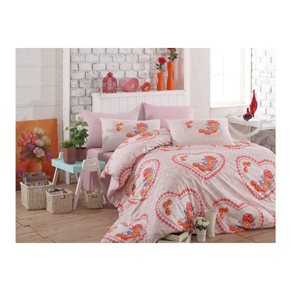 Lenjerie de pat cu cearșaf din bumbac Lovely Pink, 200 x 220 cm