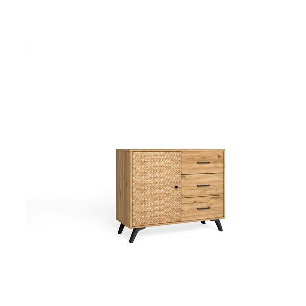Comodă roșu/ joasă cu aspect de lemn de stejar 92x81 cm Malaca – Marckeric-image-3