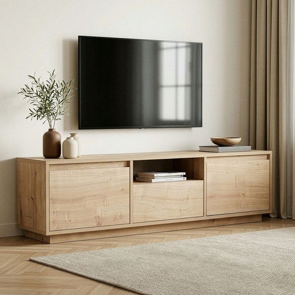 Comodă TV în culoare naturală cu aspect de lemn de stejar 160x42x30 cm Sentinel – Kalune Design-image-1