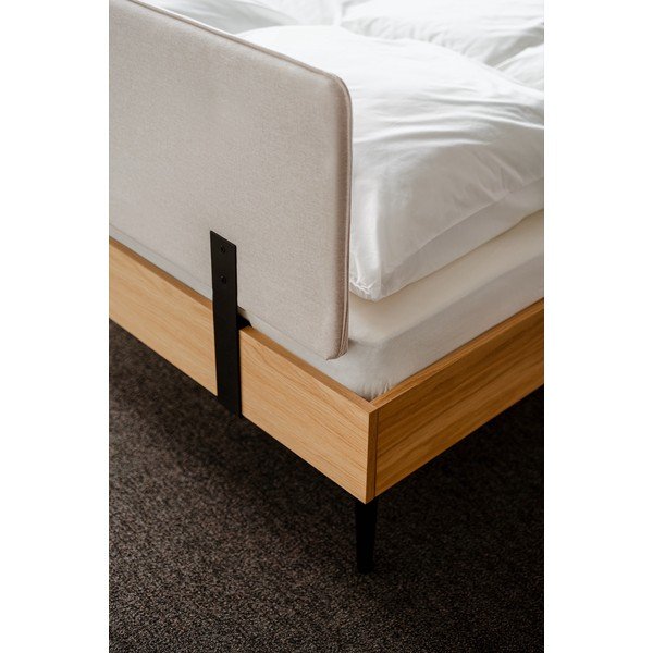 Pat matrimonial în culoare naturală tapițat/din  placă aglomerată de lemn cu aspect de lemn de stejar cu somieră 160x200 cm Streiko – noo.ma-image-4