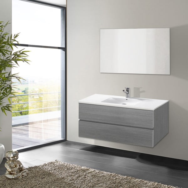 Dulăpior baie cu lavoar și oglindă Flopy, nuanță de gri, 100 cm