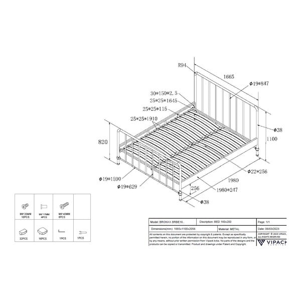 Pat matrimonial negru din metal cu somieră 160x200 cm BRONXX – Vipack-image-4