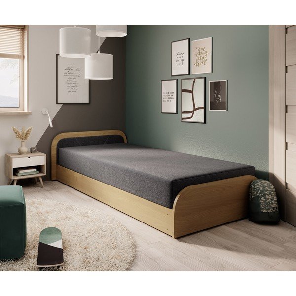 Pat galben ocru/gri închis tapițat/din  placă aglomerată de lemn cu spațiu de depozitare cu saltea 80x190 cm Parys – ELTAP-image-1