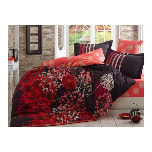 Lenjerie de pat cu cearșaf din bumbac satinat pentru pat dublu Fiorella, 200 x 220 cm, roșu