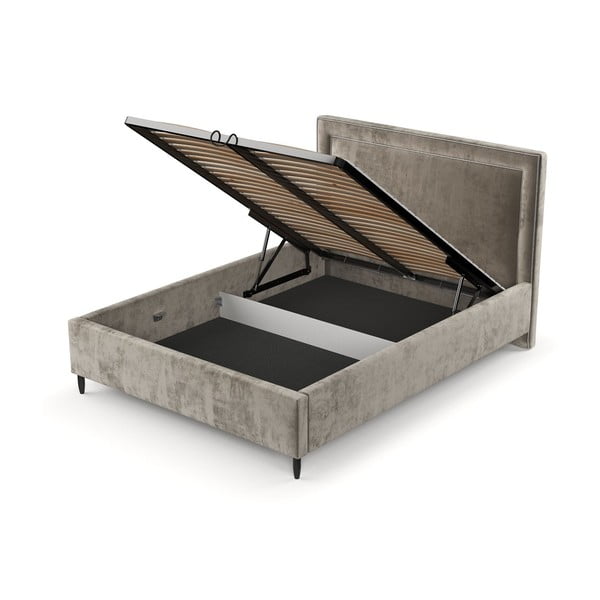 Pat matrimonial bej tapițat cu spațiu de depozitare cu somieră 140x200 cm Baleine – Maison de Rêve-image-4