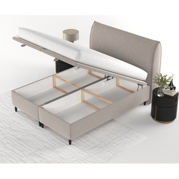 Pat matrimonial gri/bej tapițat cu spațiu de depozitare 140x200 cm Pearl – Maison de Rêve-image-4
