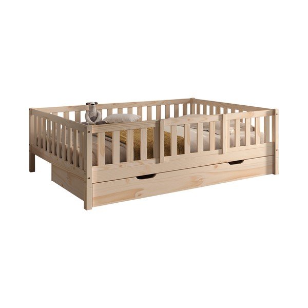 Pat pentru copii  în culoare naturală cu extensie suplimentară din lemn de pin cu spațiu de depozitare cu somieră 140x200 cm Dallas – Vipack